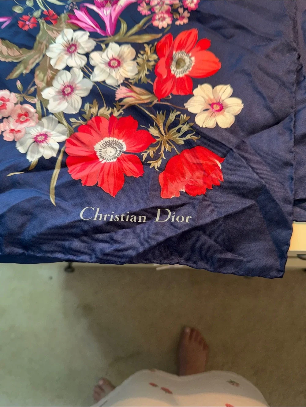 Dior Floral Navy Scarf with Multi-Colored Blooms by with COA